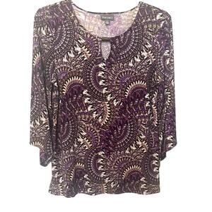 ROZ & ALI LONG SLV PULL-OVER RND NECK TUNIC BLOUSE, WOMEN, L, PURPLE BROWN ABSTR